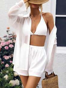 Selianne 3件套女士网纱前开襟长袖套装 - 白色 - 查看 3