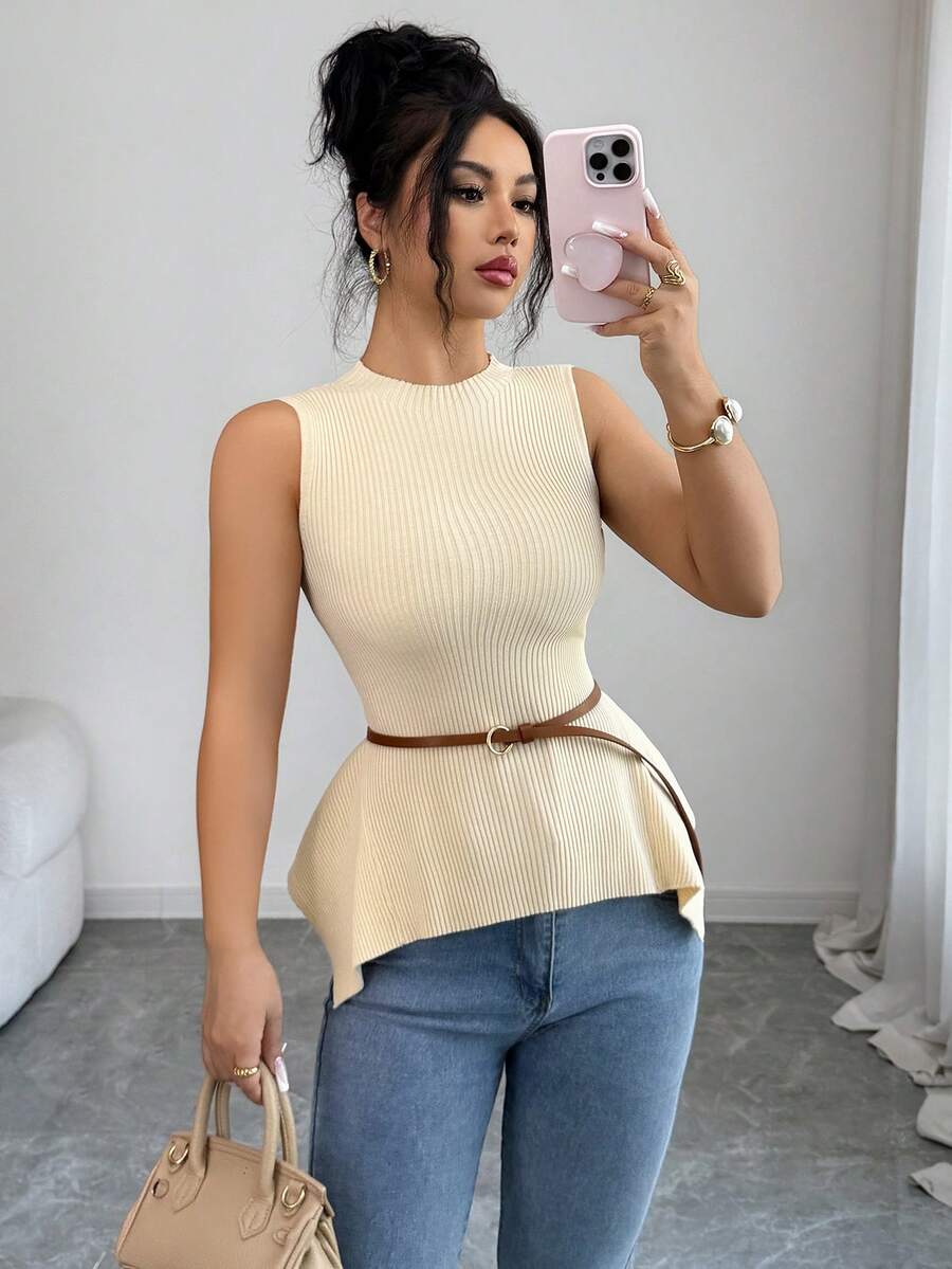 Elenzga Stylish Sleeveless Knit Sweater Top, Asymmetric Hem Design, Fitted Waist, Versatile & Fashionable - Apricot - View 1