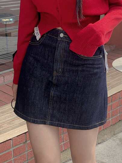 DAZY Dam enfärgad sneda fickor casual mångsidig denim minikjol