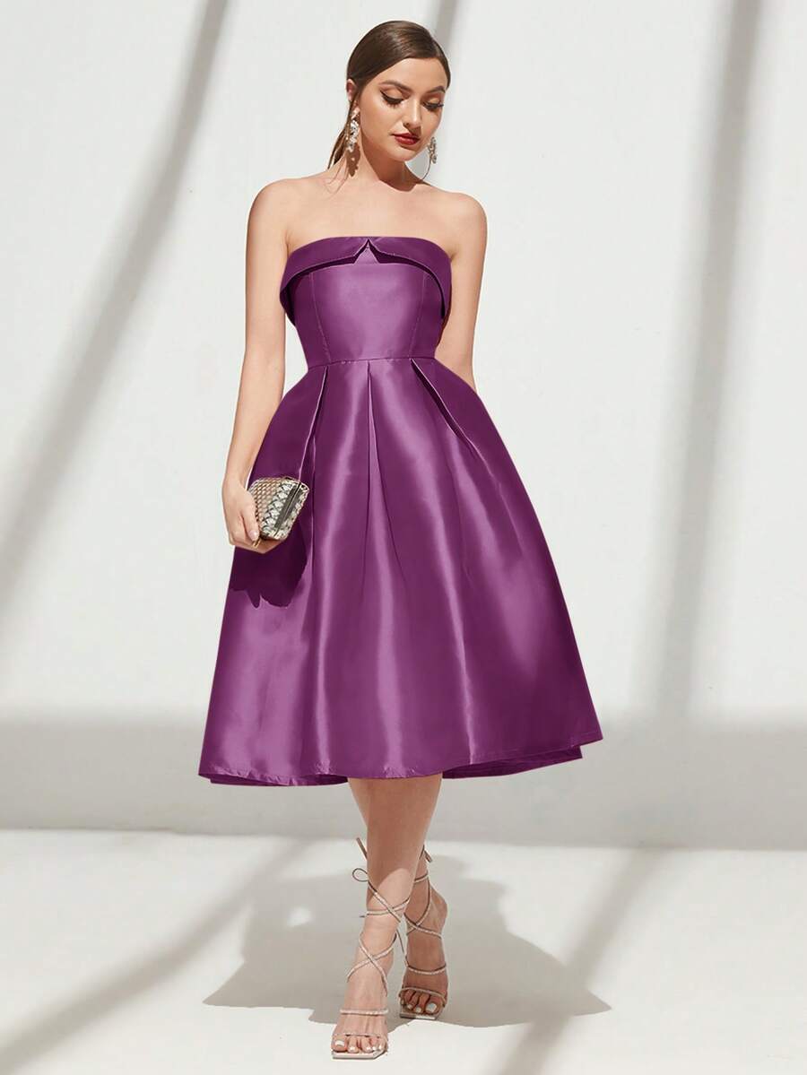 SHEIN Belle Gaun Tanpa Lengan Berlipit Warna Polos Elegan untuk Wanita, Musim Panas - Purple - View 1