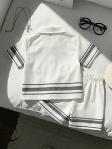 SHEIN 2 piezas Conjunto de camisa con cuello y pantalones cortos a rayas para bebé/niño pequeño unisex de 0 a 3 años, opción de moda de verano, adecuado para uso diario, salidas, viajes y vacaciones - Multicolor - Ver 2