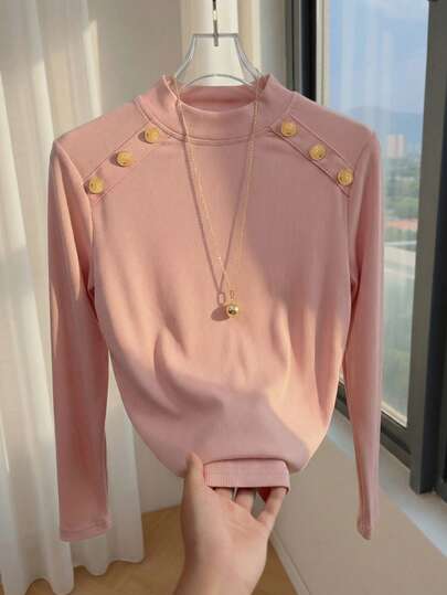 GlowEve Camiseta de Manga Longa Feminina de Gola Redonda Elegante, Cor Sólida, Desenho de Ombro, Decoração de Botão de Metal, Versátil para Primavera/Verão