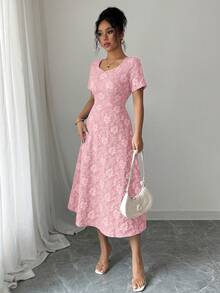 Elenzga Blue 3D Embossed Fabric Square Neck Women Short Sleeve A-Line Dress - Pink - View 3