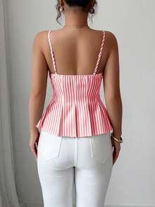 Elenzga Women's Cotton Striped Buttoned Pleated Elastic Camisole, Bohemian Style For Spring/Summer Vacation - Red - View 2