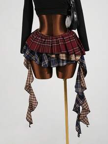 SaltGleam SaltGleam Asymmetric Ruffle Hem Mixed Plaid Skirt - Burgundy - View 6