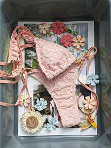 Swim Mod 2026新款春夏女士黄色三角比基尼套装，性感露背三角泳裤，独特面料泳装 - 粉色 - 查看 3