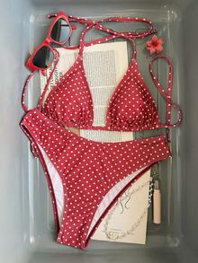 SHEIN Swim Mod 2026春夏女士波点印花挂脖泳衣，高腰泳裤，两件式比基尼套装，红色波点比基尼，度假比基尼，波点比基尼，波点泳装 - 紅色 - 查看 2