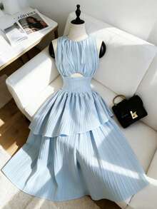 Elenzga New Women Sleeveless Woven Textured Hollow Design Waist A-Line Double Layer Elegant Midi Dress, Versatile - Blue - View 4