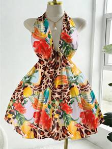 Sweetra Plus Size Halter Tie-Up Allover Print Sexy Vacation Dress - Multicolor - View 3