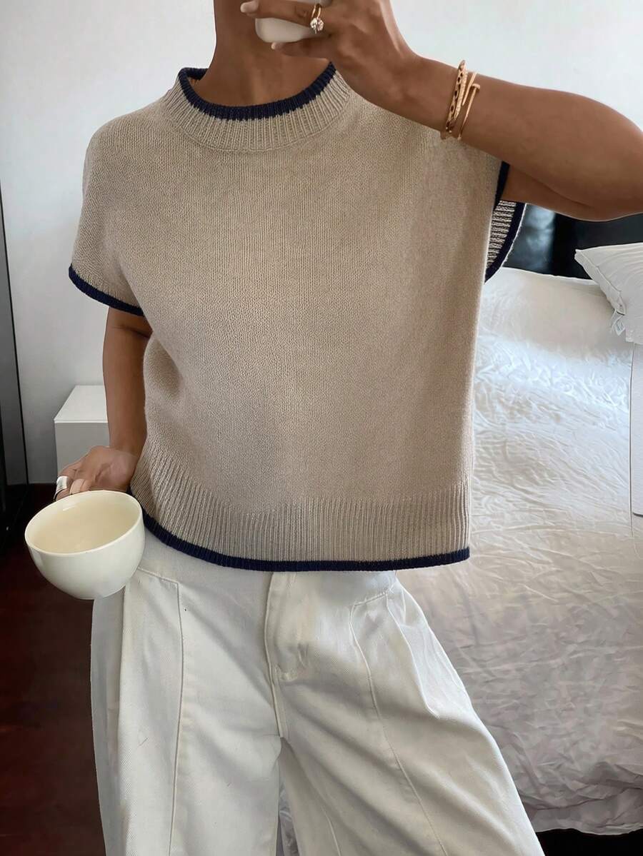 Siren Gaze Women's Fashion Casual Contrast Trim Round Neck Batwing Sleeve Knit Top - Apricot - View 1