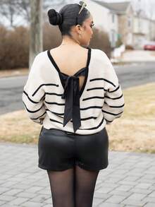 Melissa Matos 系带后落肩背带毛衣女士休闲条纹结后落肩长袖毛衣秋季毛衣保暖衣服冬季毛衣女士毛衣，长袖上衣 - 彩色 - 查看 2