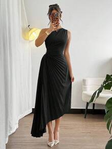 Modelyn Đầm midi dáng suông tối giản màu trơn dành cho nữ - màu đen - Xem 5