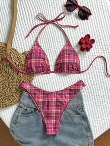 Swim Mod Bộ bikini hai mảnh kẻ caro buộc dây cổ gợi cảm dành cho nữ, thích hợp cho mùa hè đi biển. - Hồng - Xem 1