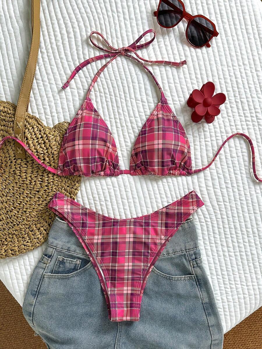 Swim Mod Bộ bikini hai mảnh kẻ caro buộc dây cổ gợi cảm dành cho nữ, thích hợp cho mùa hè đi biển. - Hồng - Xem 1