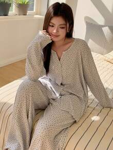 Dazy Plus Plus Size Women Ditsy Floral Long Sleeve Button-Up Top And Pants Pajama Set - Grey - View 8
