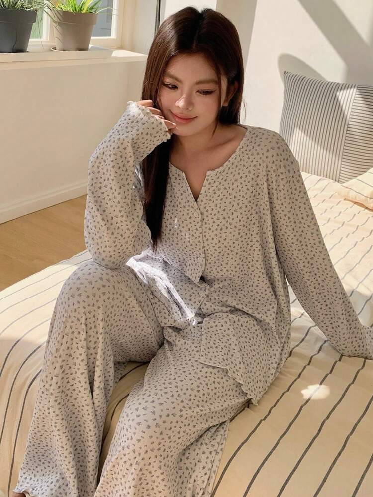 Dazy Plus Plus Size Women Ditsy Floral Long Sleeve Button-Up Top And Pants Pajama Set