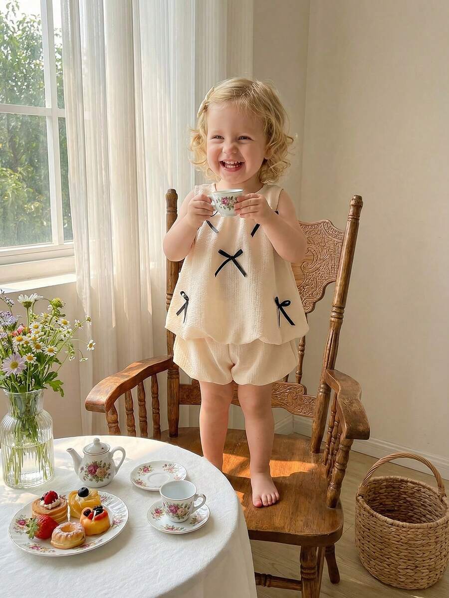 2pcs Baby Girls Elegant Solid Apricot Color Sleeveless Shorts And T-Shirt Set - Apricot - View 1