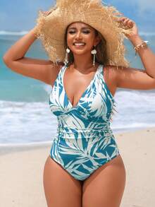 Swim Vcay Áo tắm liền thân cỡ lớn 1 mảnh in họa tiết lá cây ngẫu nhiên, cổ chữ V, xếp ly, dây đeo có thể điều chỉnh, thanh lịch, gợi cảm, thích hợp cho kỳ nghỉ biển, dành cho nữ. - Nhiều màu - Xem 6