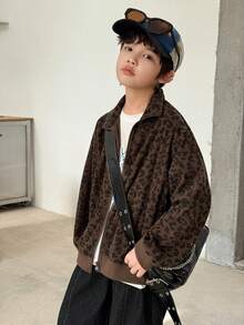 Dazy Kids 男童休闲宽松豹纹翻领外套，秋季款 - 棕色 - 查看 7