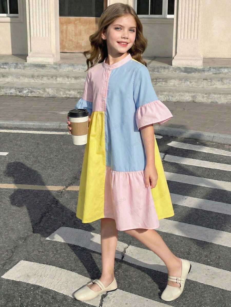 SHEIN 少女撞色立领休闲连衣裙 - 藍色 - 查看 1