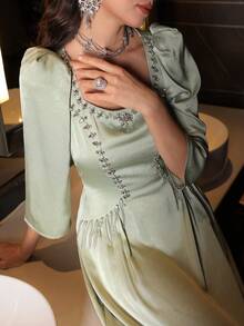 Layrah Handmade Rhinestone Beaded Square Neck Puff Sleeve Arabic Style Dress - Green - View 2