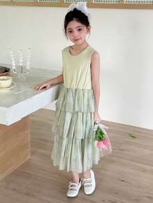 DAZY 少女圆领无袖网纱拼接连衣裙，秋季款 - 綠色 - 查看 4