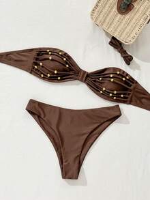 Swim Chiccia Fashionable Solid Color Wrap-Around Metallic Bead Sexy Trending Hot-Selling Elegant Bikini Set, Summer - Coffee Brown - View 2