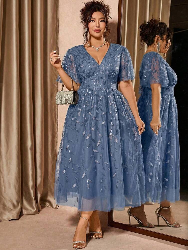 Cravure Robe de soirée élégante à encolure en V rouge, avec volants en maille et sequins, pour grandes tailles - Bleu ciel - Voir 5