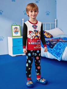 SHEIN | PAW Patrol Young Boy Cartoon Puppy & Letter Print Colorblock Snug Fit Pajama Set, Autumn/Winter - Black - View 4