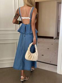 DAZY Women's Casual Denim Jumper Dress With Ruffle Strap - Medium Wash - View 6