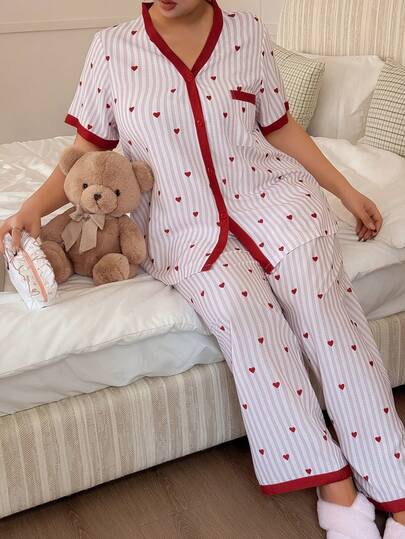 SHEIN Napfluff CURVE Heart & Stripe Print Colorblock Plus Size Short Sleeve Pajama Set For Women