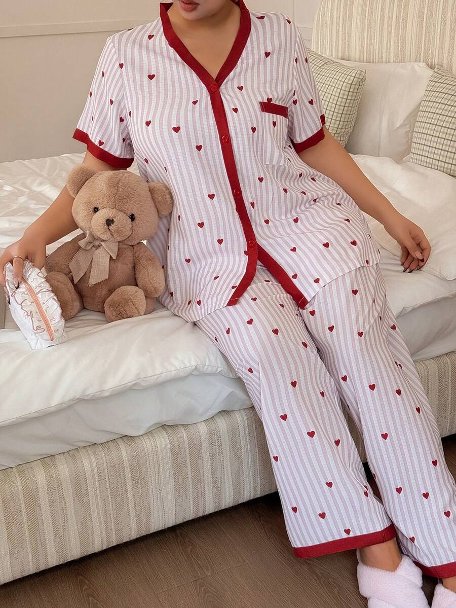 Napfluff CURVE Napfluff CURVE 女士爱心条纹印花撞色加大码短袖睡衣套装 - 粉色 - 查看 1