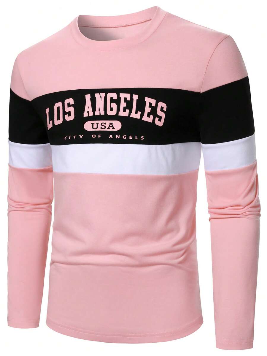 Manfinity Homme 男士休闲撞色字母印花T恤，春秋季 - 彩色 - 查看 1