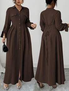 Elenzga Đầm dài tay kiểu Pháp thanh lịch, cỡ lớn dành cho nữ, thích hợp cho mùa Thu/Đông. - Cà phê nâu - Xem 1