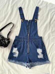 Elamini Women's Casual Fashion Street Chic Daily Commute Zip-Up Ripped Raw Edge Cuffed Hem Denim Romper - Blue - View 5