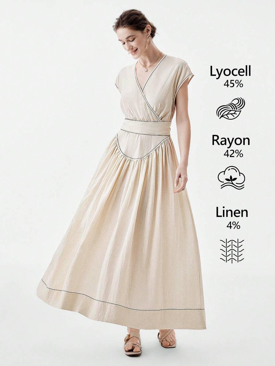 SHEIN Stylify 女士人字纹竹节结V领落肩袖收腰A字型撞色缝线优雅法式浪漫复古通勤商务海滩度假休闲时尚经典中长连衣裙，适合婚礼、情人节、下午茶、派对、春夏新品 - 杏色 - 查看 1