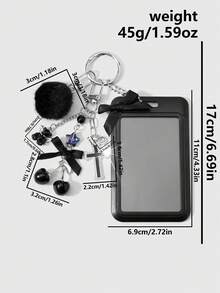 ROMWE Kawaii 1 Y2k Dark Style Gothic Retro Personalized Fashion Black Resin Wings Bear Fish Cake Rhinestone Cross Colorful Star Webbing Bow Cherry Hairball Acrylic Sliding Cover Card Campus Card ID Card Cover Work Card Cover Star Card Cover Travel Traffic Card Cover DIY Keychain Bag Pendant, Suitable For Office Workers, Student Party Girls And Ladies Daily Wear, Holiday Gifts - Black-95 - View 9