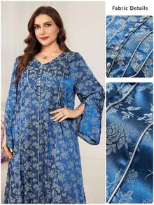 Al Najma 优雅提花撞色喇叭袖开衩下摆飘逸连衣裙，显瘦，春夏款 - 彩色 - 查看 4