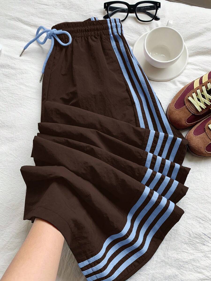 Comfortcana Plus Size Contrast Side Stripe Elastic Waist Loose Casual Sweatpants Brown Pants Pants Summer - Brown - View 1
