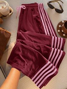Comfortcana Plus Size Solid Color Velvet Comfortable Contrast Side Stripe Casual Pants, Suitable For Spring And Autumn - Burgundy - View 1