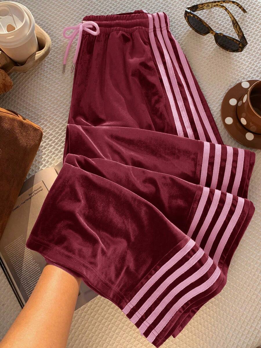 Comfortcana Plus Size Solid Color Velvet Comfortable Contrast Side Stripe Casual Pants, Suitable For Spring And Autumn - Burgundy - View 1