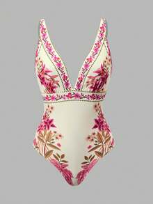 SHEIN Swim Oasis 女士优雅休闲波西米亚风中式蓝白热带棕榈树花卉印花连体泳衣及沙滩罩衫套装，适合海滩度假 - 彩色 - 查看 4