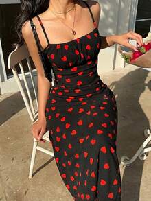 Muchica 女士爱心印花中长连衣裙，修身吊带连衣裙，适合夏季穿着 - 彩色 - 查看 1