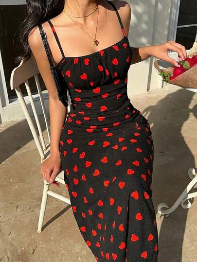 Muchica Women's Heart Print Mid-Length Dress, Bodycon Spaghetti Strap Dress Suitable For Summer
