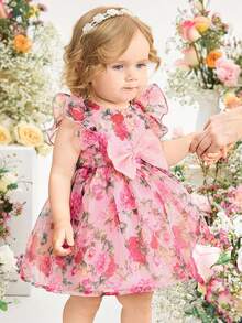 SHEIN Babygirl Elegant & Cute Pink Floral Print Organza Cap Sleeve Dress - Pink - View 5