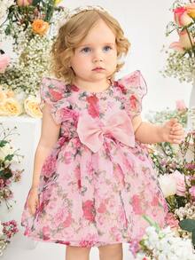 SHEIN Babygirl Elegant & Cute Pink Floral Print Organza Cap Sleeve Dress - Pink - View 4