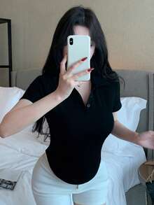 DAZY Áo polo nữ màu đen dáng rộng, thời trang công sở, tay ngắn, ôm sát, thích hợp cho mùa xuân/hè. - màu đen - Xem 8