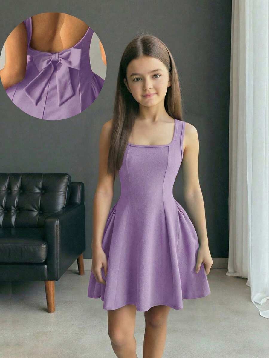 Firerie Kids Tween Girls Elegant & Cute Square Neck A-Line Patchwork Dress With Large Bow Back - Mauve Purple - View 1