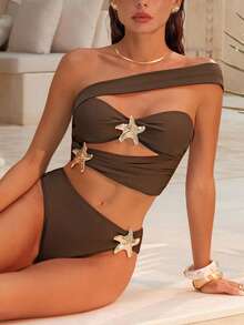 Swim Chiccia 2026 Spring/Summer Asymmetric Gold Starfish Asymmetrical Side High Cut Women's Elegant Bikini Swimwear 2 Pieces Set Sexy Swimwear Brown Two Pieces Set Brown Bikini Set Star Bikini Brown Swimwear Women - Brown - View 7