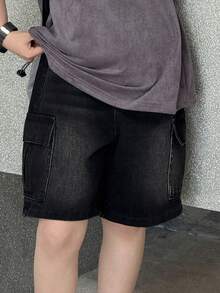 DAZY 青少年男童夏季休闲水洗翻盖口袋牛仔短裤 - 黑色 - 查看 3